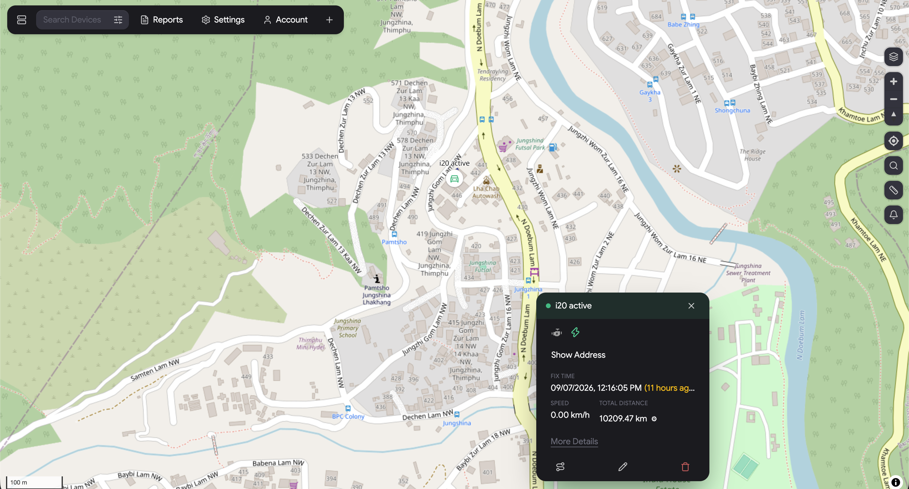 ApaX Solutions vehicle tracking system showing live fleet locations in Thimphu