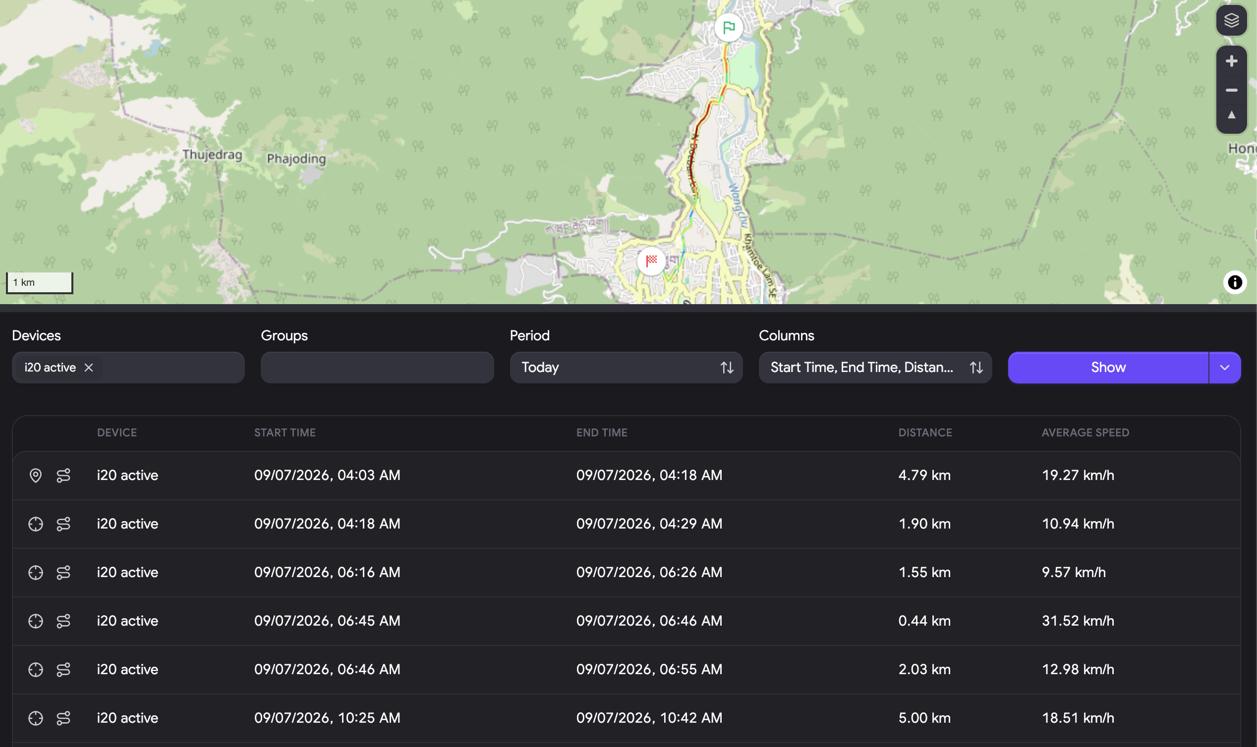 ApaX Fleet trip history showing routes and trip logs on the map